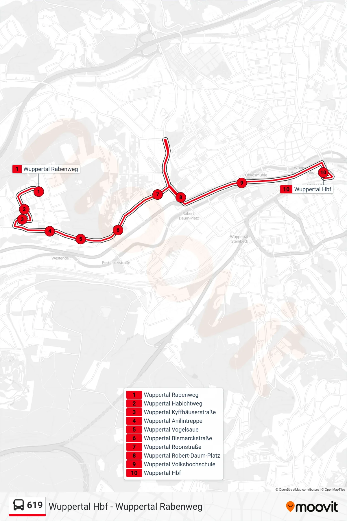 Linie 619 (Bus) Richtung Wuppertal Hbf: Route und Haltestellen auf der Karte