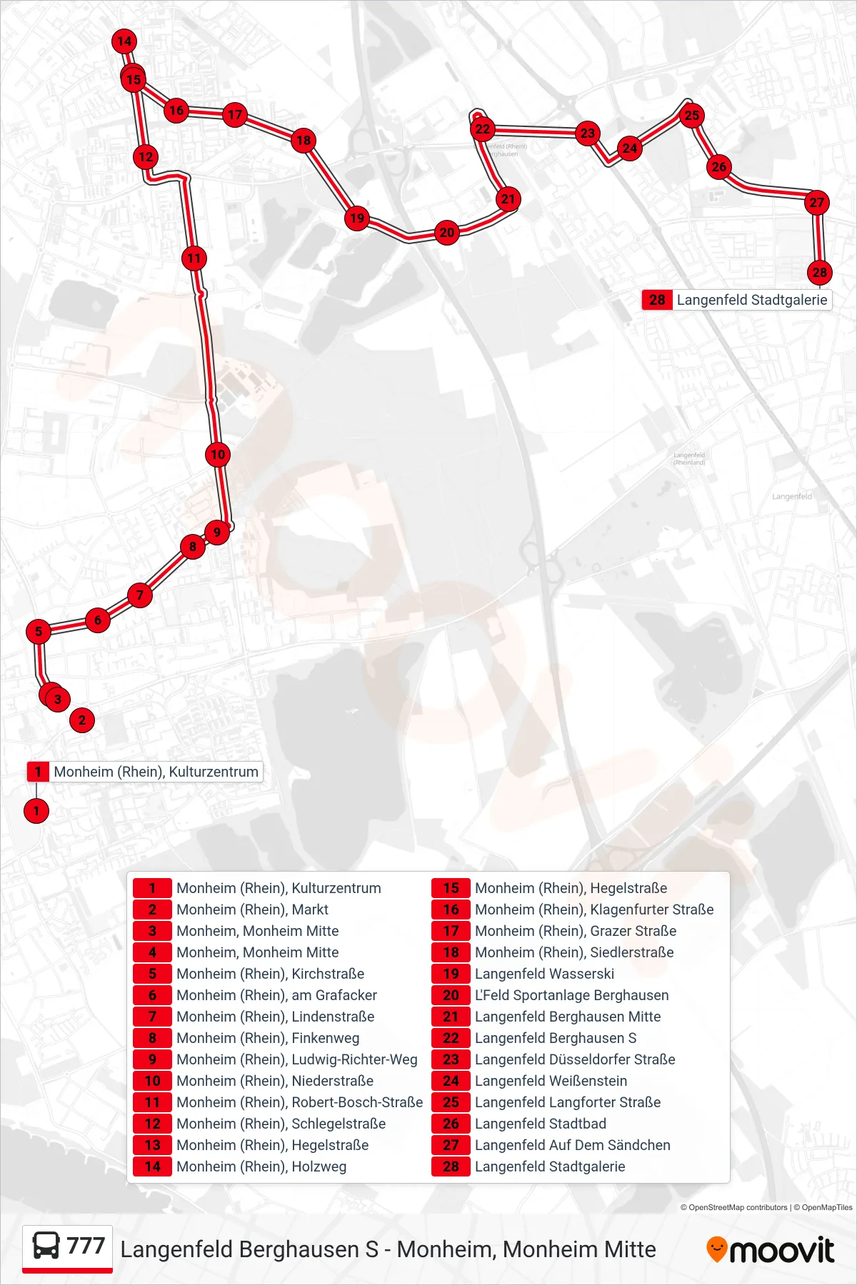 Linie 777 (Bus) Richtung Langenfeld Stadtgalerie: Route und Haltestellen auf der Karte