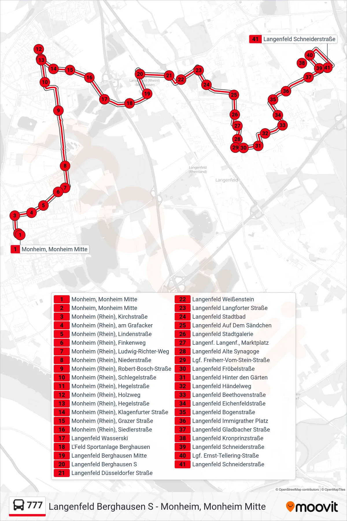 Linie 777 (Bus) Richtung Langenfeld Schneiderstraße: Route und Haltestellen auf der Karte