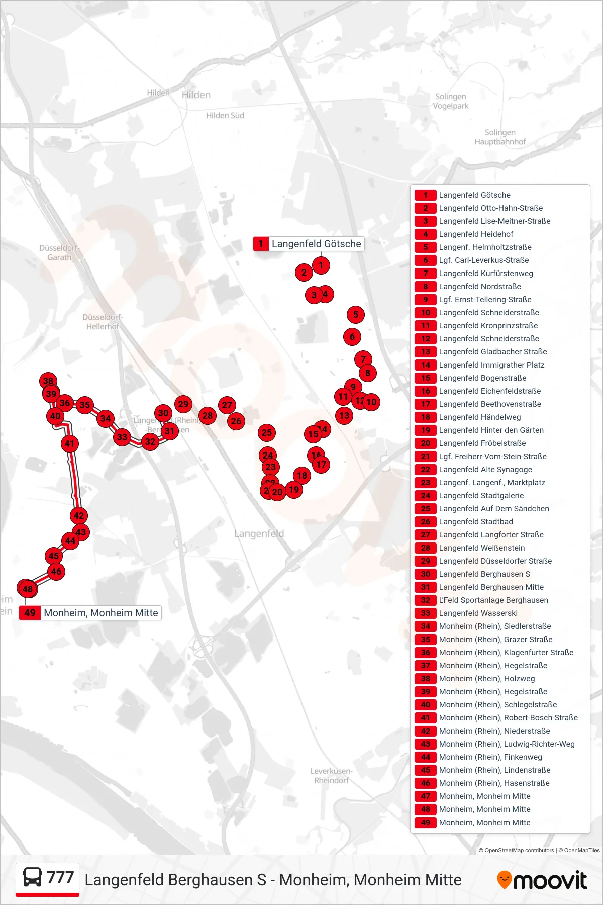 Linie 777 (Bus) Richtung Monheim, Monheim Mitte: Route und Haltestellen auf der Karte