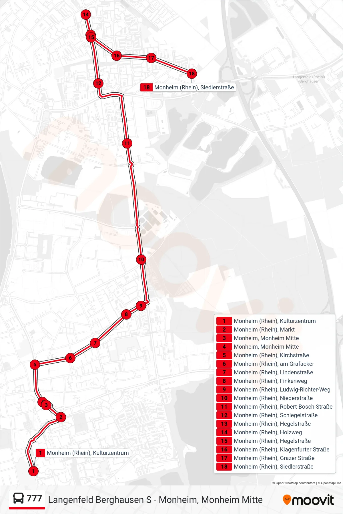 Linie 777 (Bus) Richtung Monheim (Rhein), Siedlerstraße: Route und Haltestellen auf der Karte