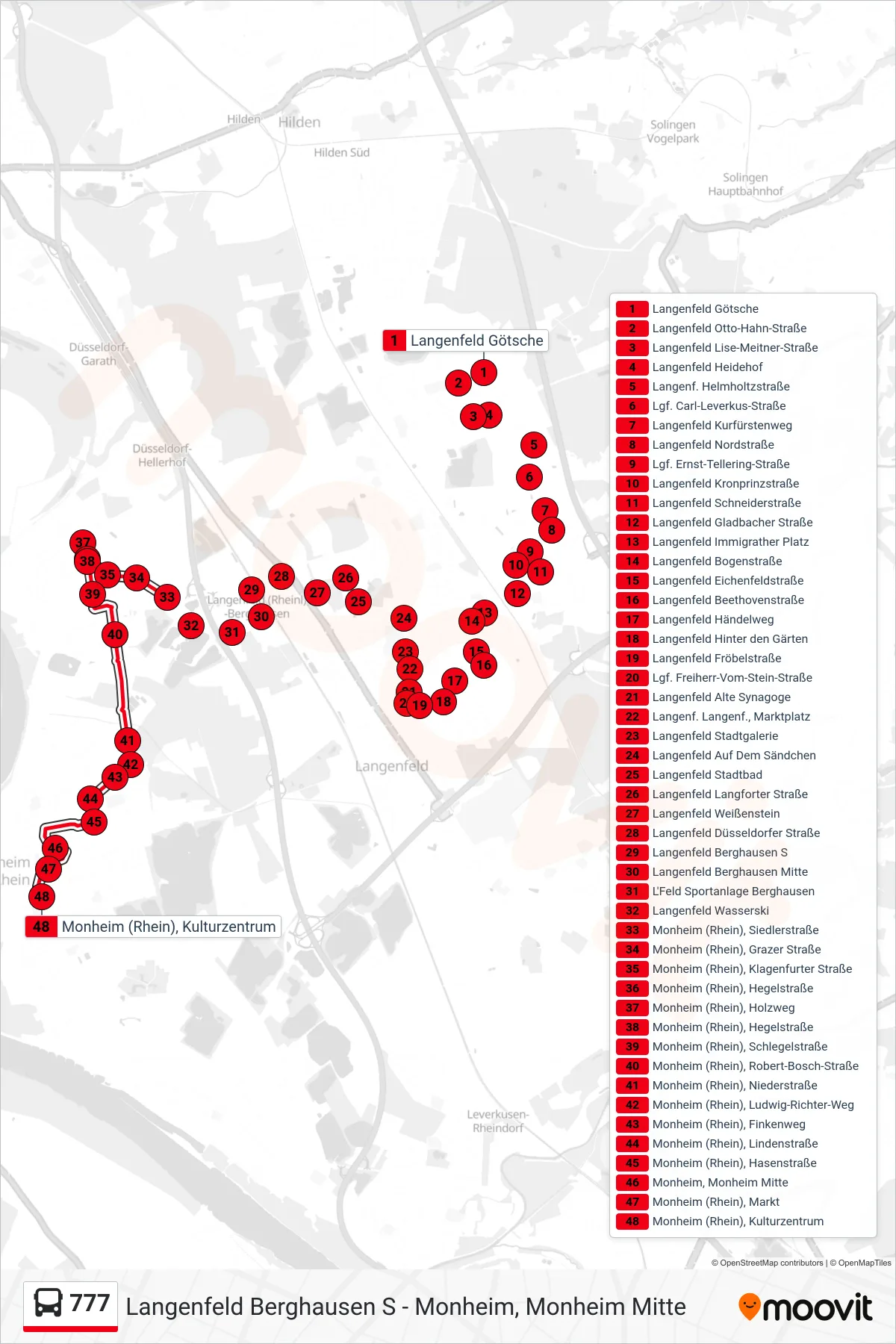 Linie 777 (Bus) Richtung Monheim (Rhein), Kulturzentrum: Route und Haltestellen auf der Karte