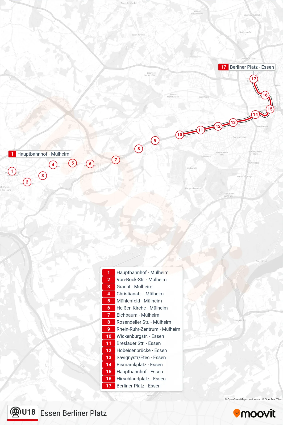 Linie U18 (U-Bahn) Richtung Essen Berliner Platz: Route und Haltestellen auf der Karte