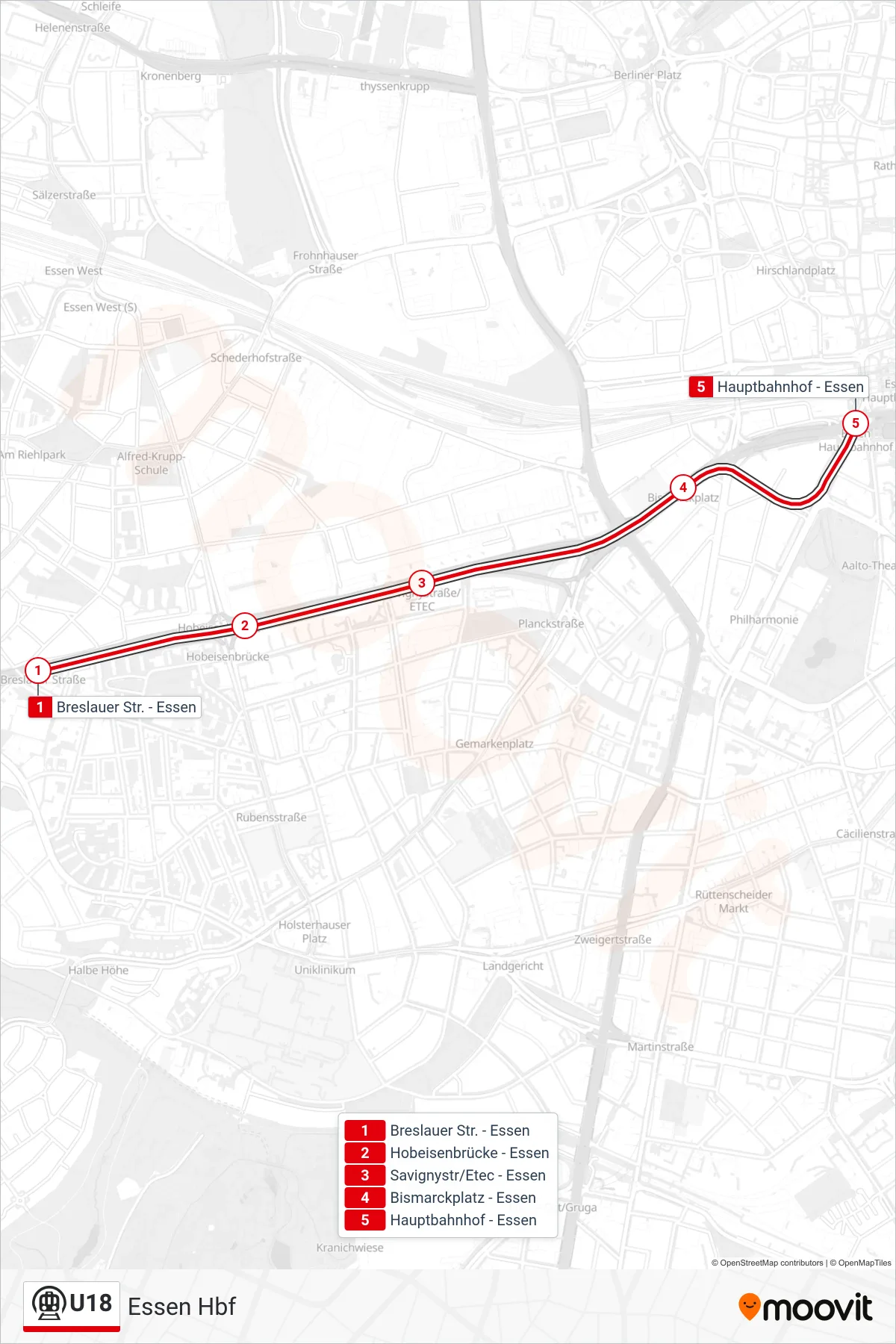 Linie U18 (U-Bahn) Richtung Essen Hbf: Route und Haltestellen auf der Karte
