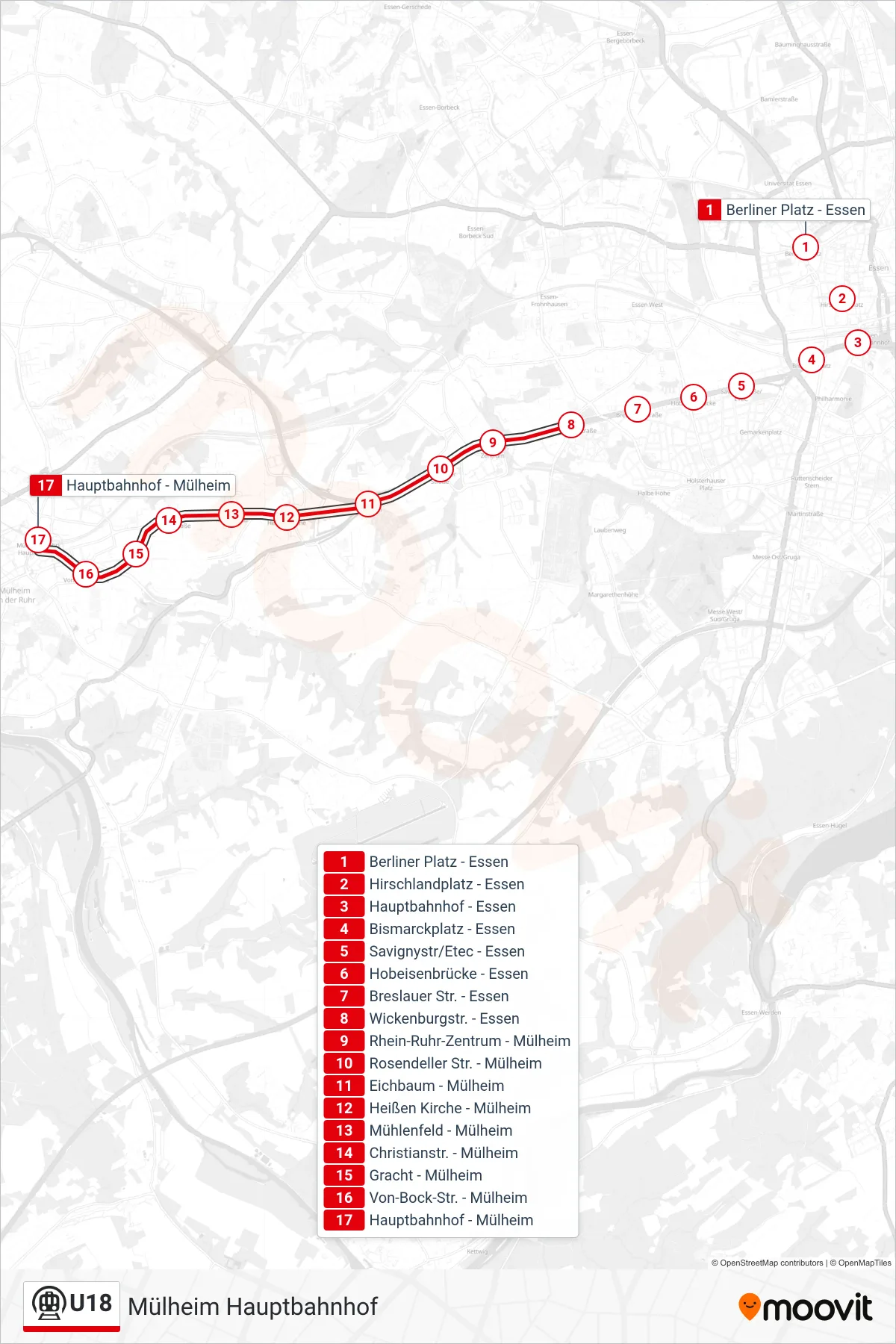 U18 subway Line (Mülheim Hauptbahnhof) route and stops on a map