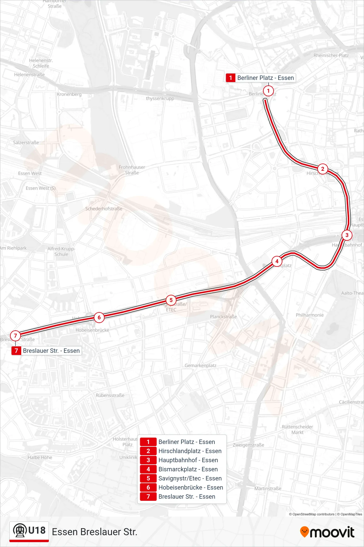 Linie U18 (U-Bahn) Richtung Essen Breslauer Str.: Route und Haltestellen auf der Karte