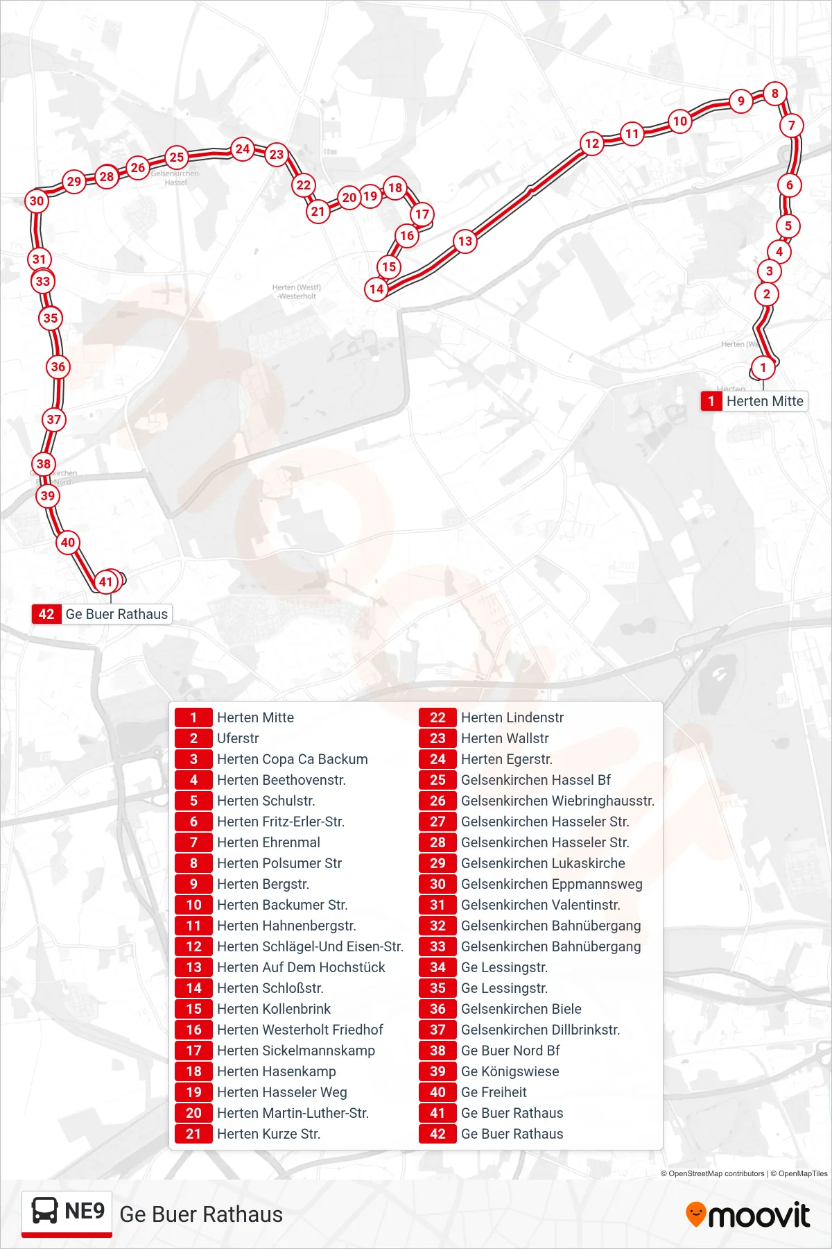 Linie NE9 (Bus) Richtung Ge Buer Rathaus: Route und Haltestellen auf der Karte