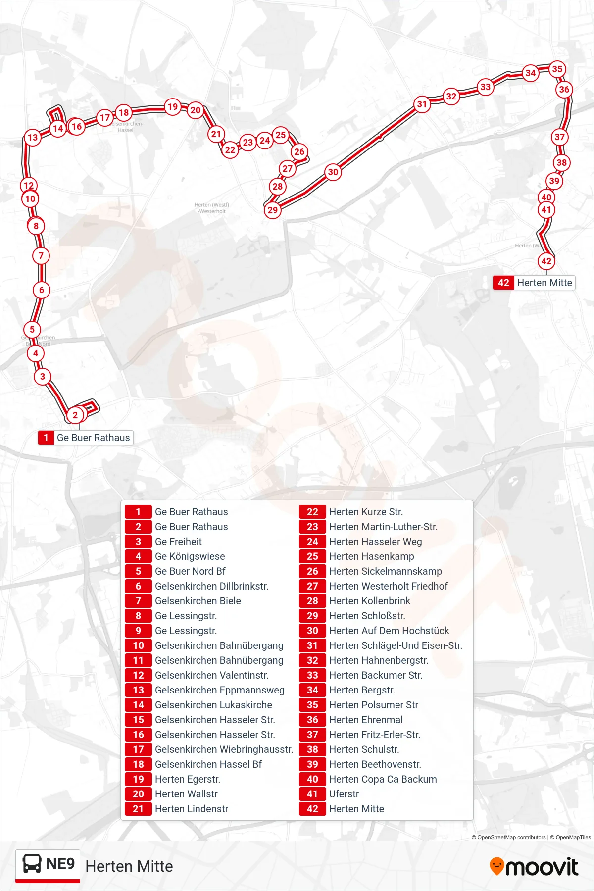 Linie NE9 (Bus) Richtung Herten Mitte: Route und Haltestellen auf der Karte