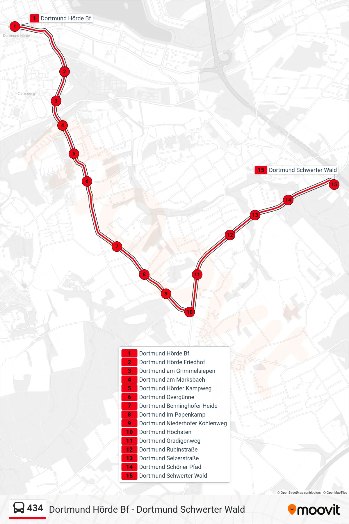 434 bus Line (Dortmund Schwerter Wald) route and stops on a map