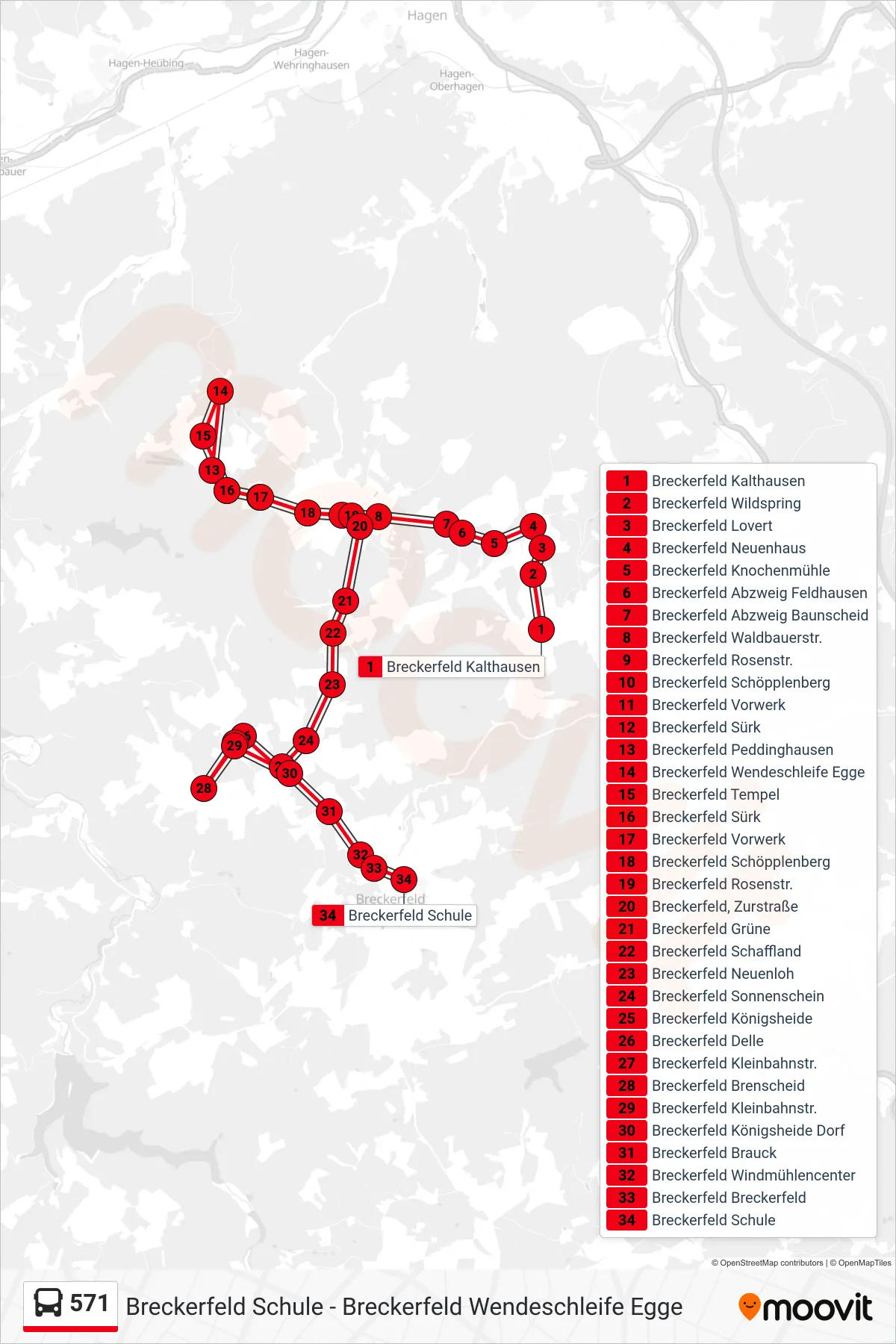 571 bus Line (Breckerfeld Schule) route and stops on a map