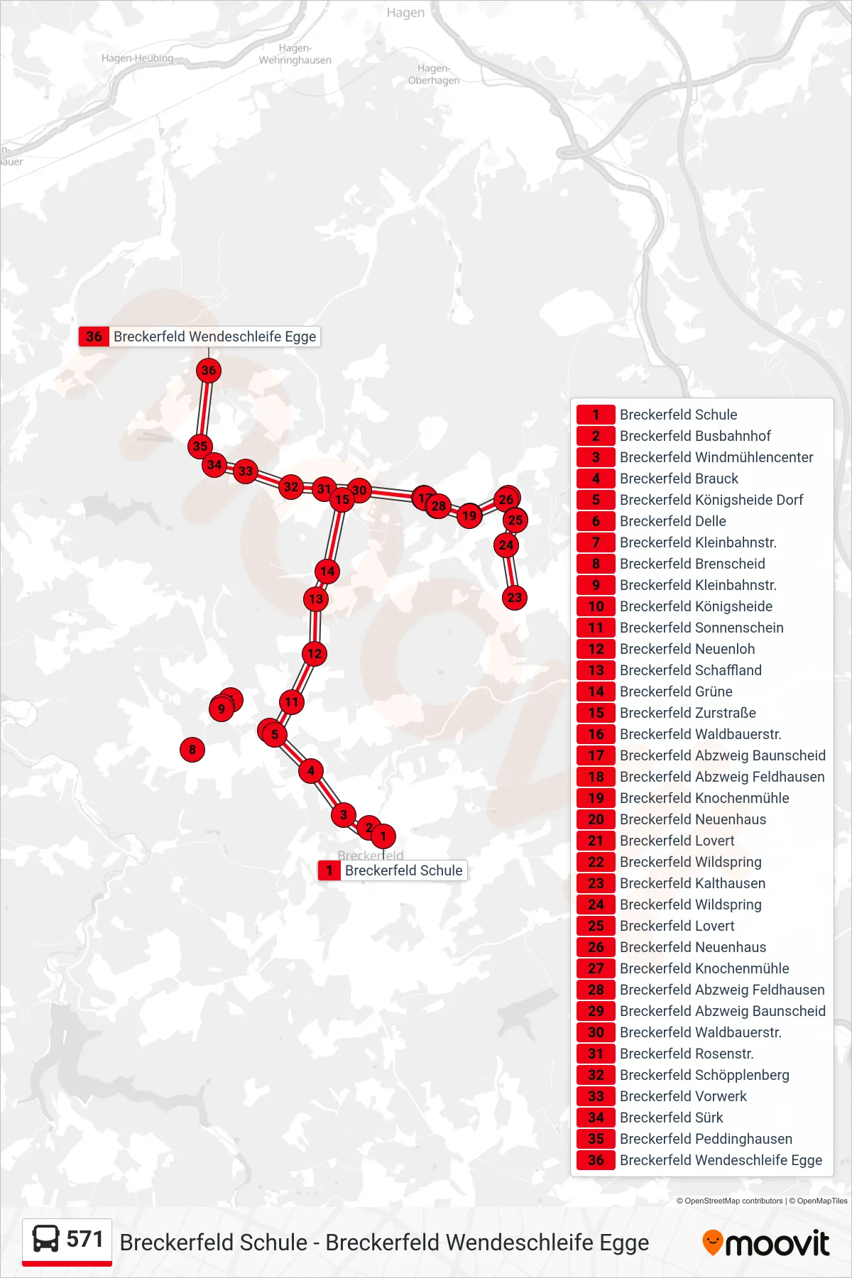 Linie 571 (Bus) Richtung Breckerfeld Wendeschleife Egge: Route und Haltestellen auf der Karte