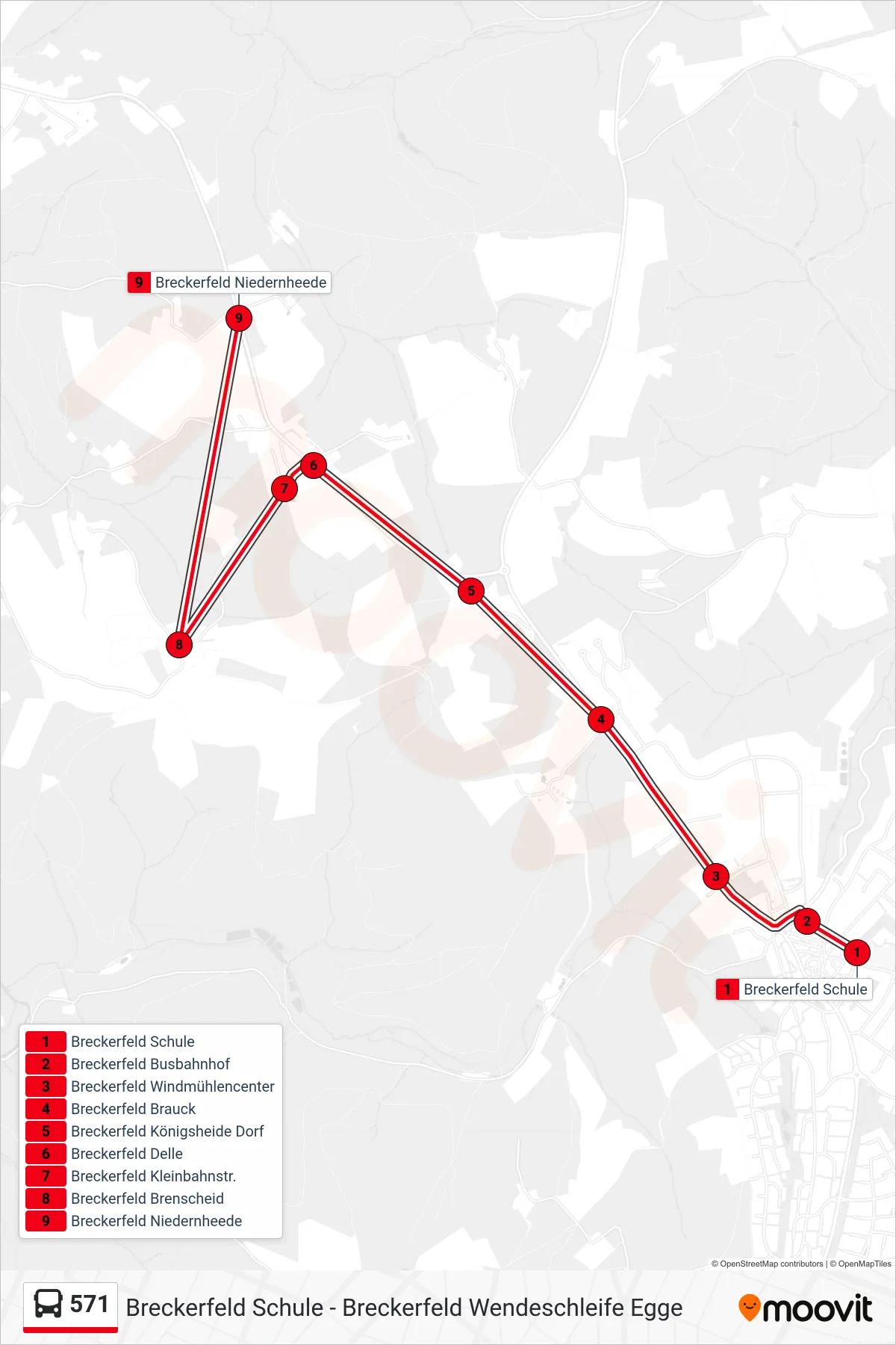 571 bus Line (Breckerfeld Niedernheede) route and stops on a map