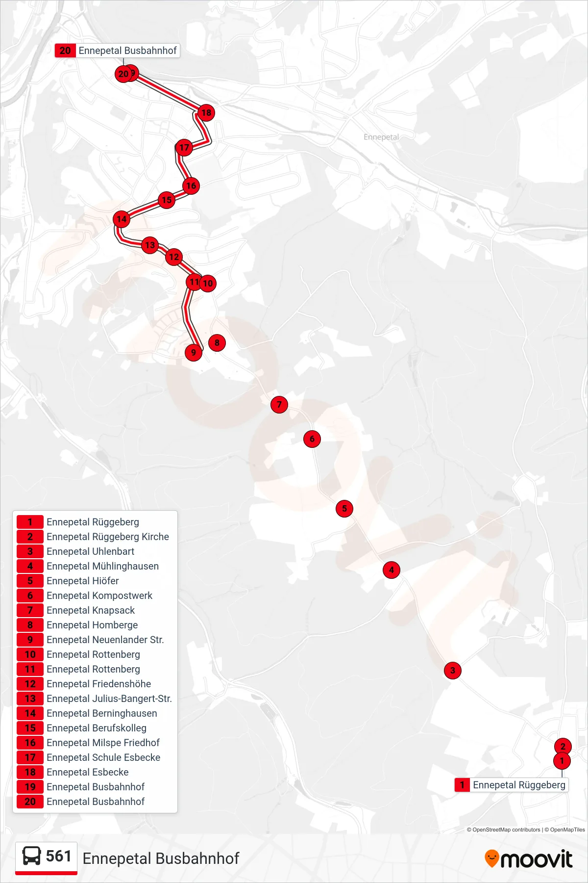 561 bus Line (Ennepetal Busbahnhof) route and stops on a map