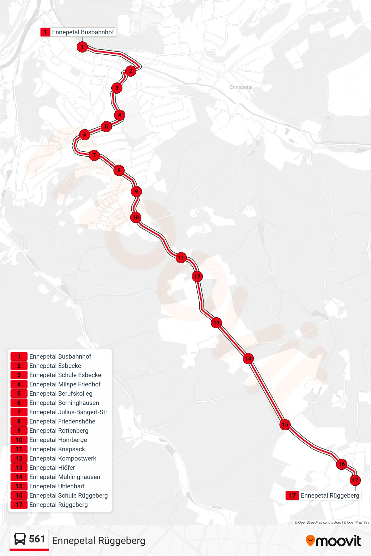 561 bus Line (Ennepetal Rüggeberg) route and stops on a map