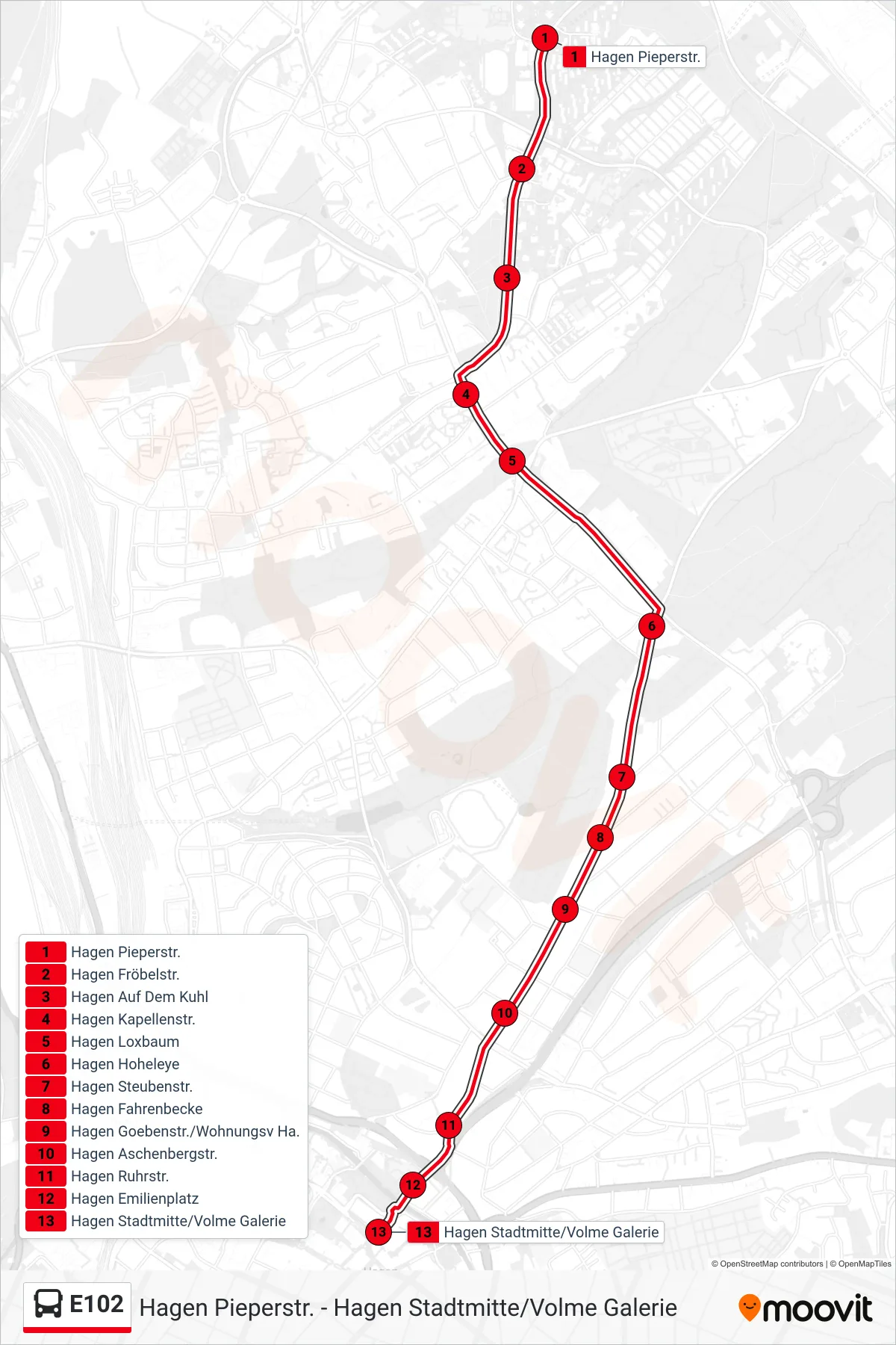 Linie E102 (Bus) Richtung Hagen Stadtmitte/Volme Galerie: Route und Haltestellen auf der Karte