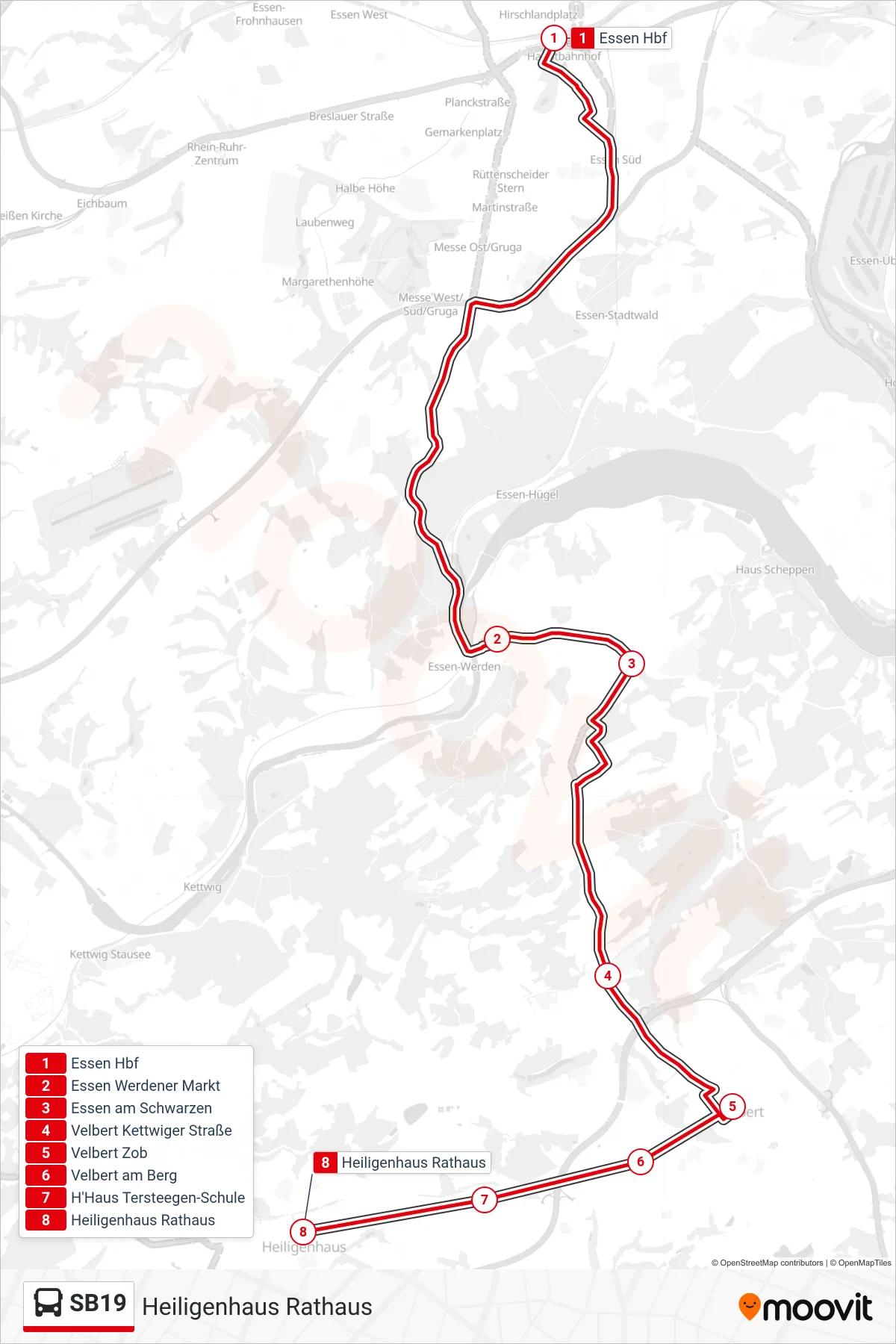 Linie SB19 (Bus) Richtung Heiligenhaus Rathaus: Route und Haltestellen auf der Karte
