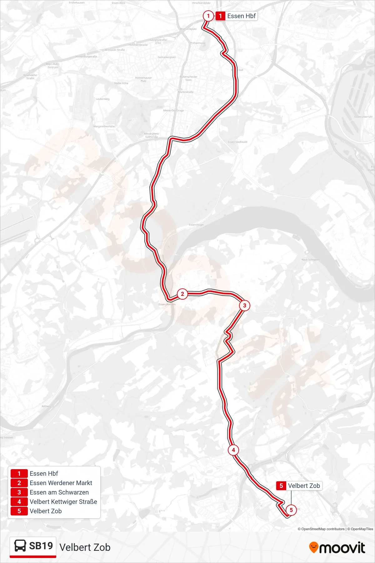 Linie SB19 (Bus) Richtung Velbert Zob: Route und Haltestellen auf der Karte