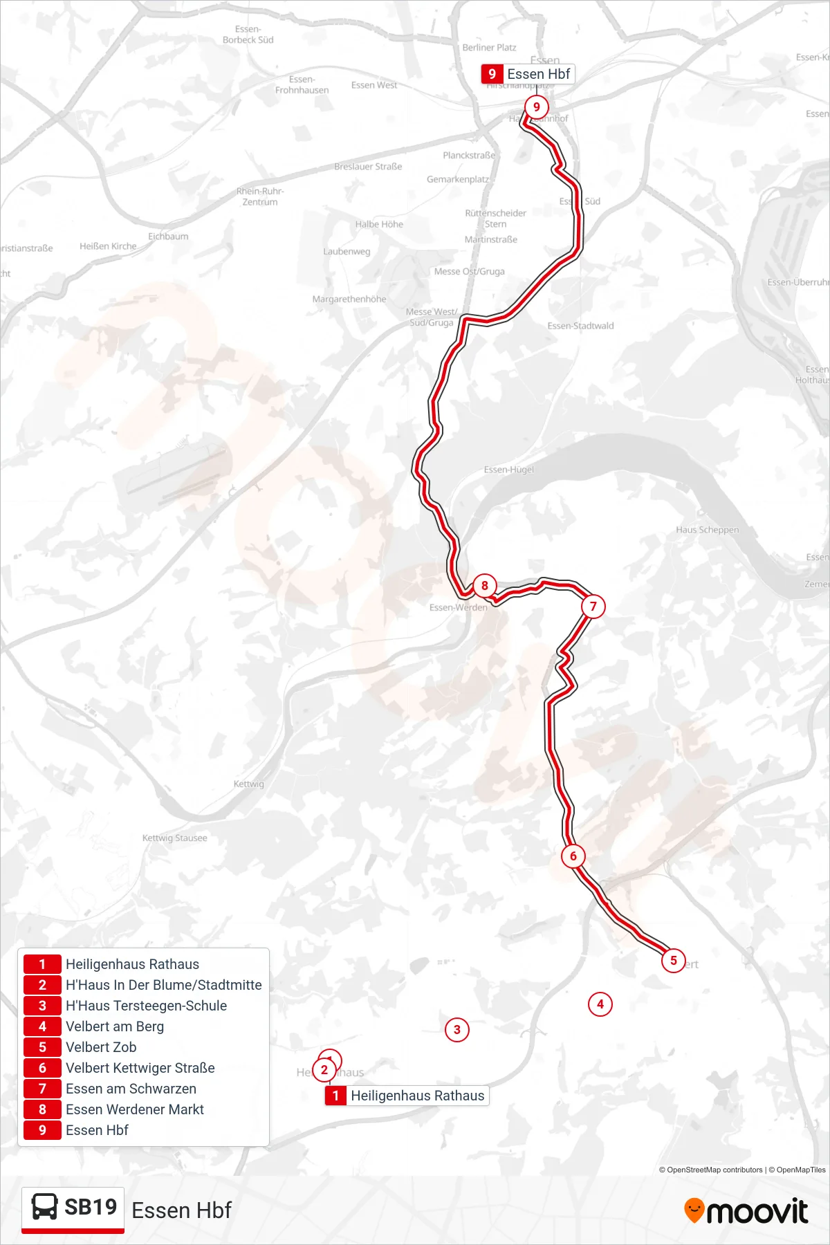 Linie SB19 (Bus) Richtung Essen Hbf: Route und Haltestellen auf der Karte
