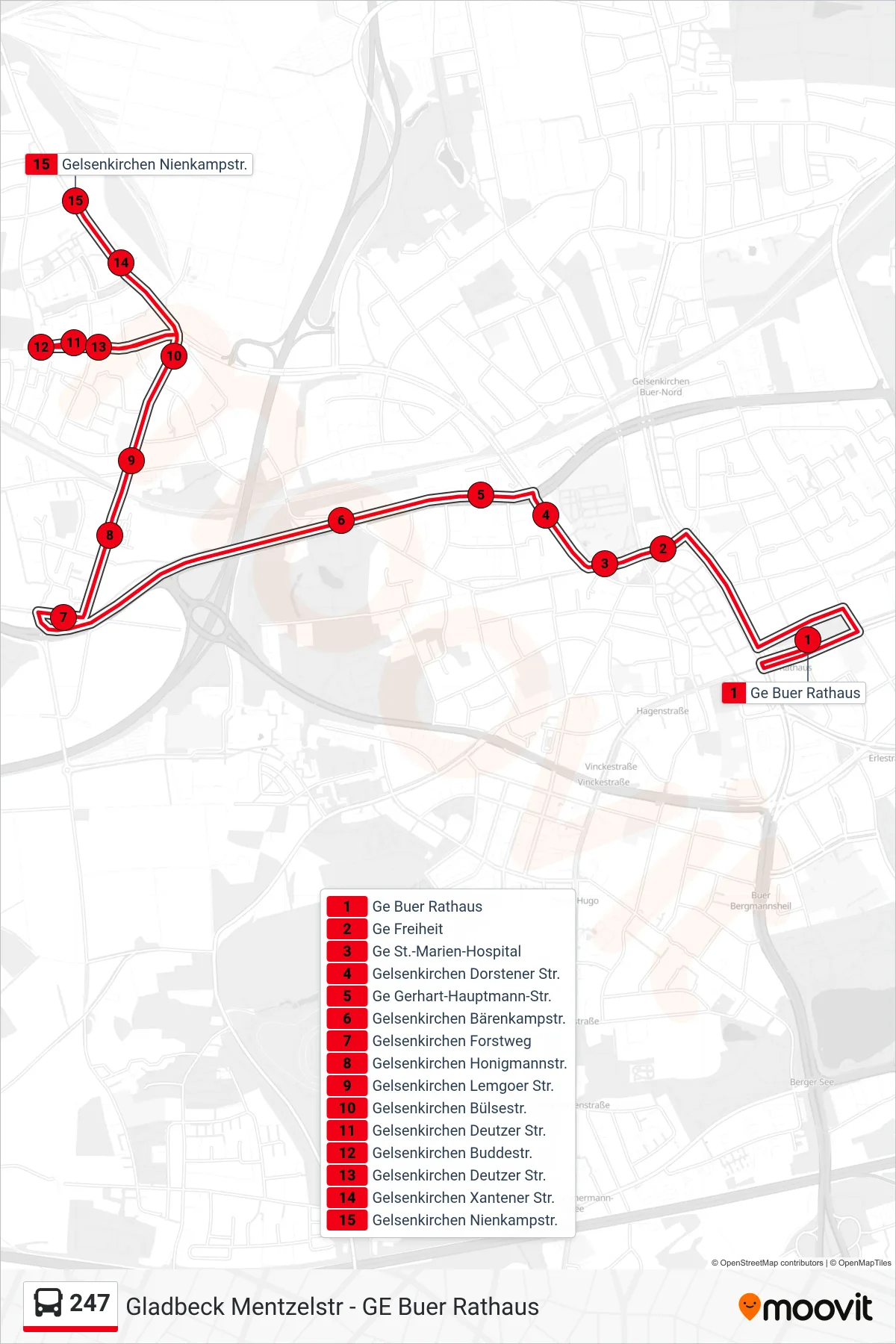 247 bus Line (Gelsenkirchen Nienkampstr.) route and stops on a map