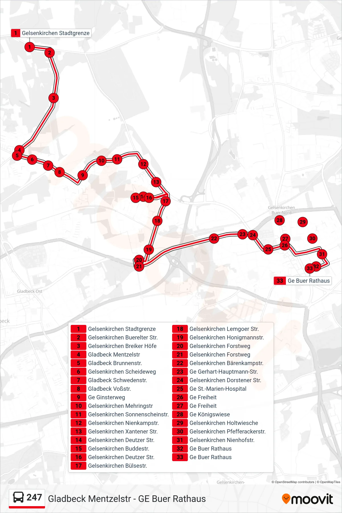 247 bus Line (Ge Buer Rathaus) route and stops on a map