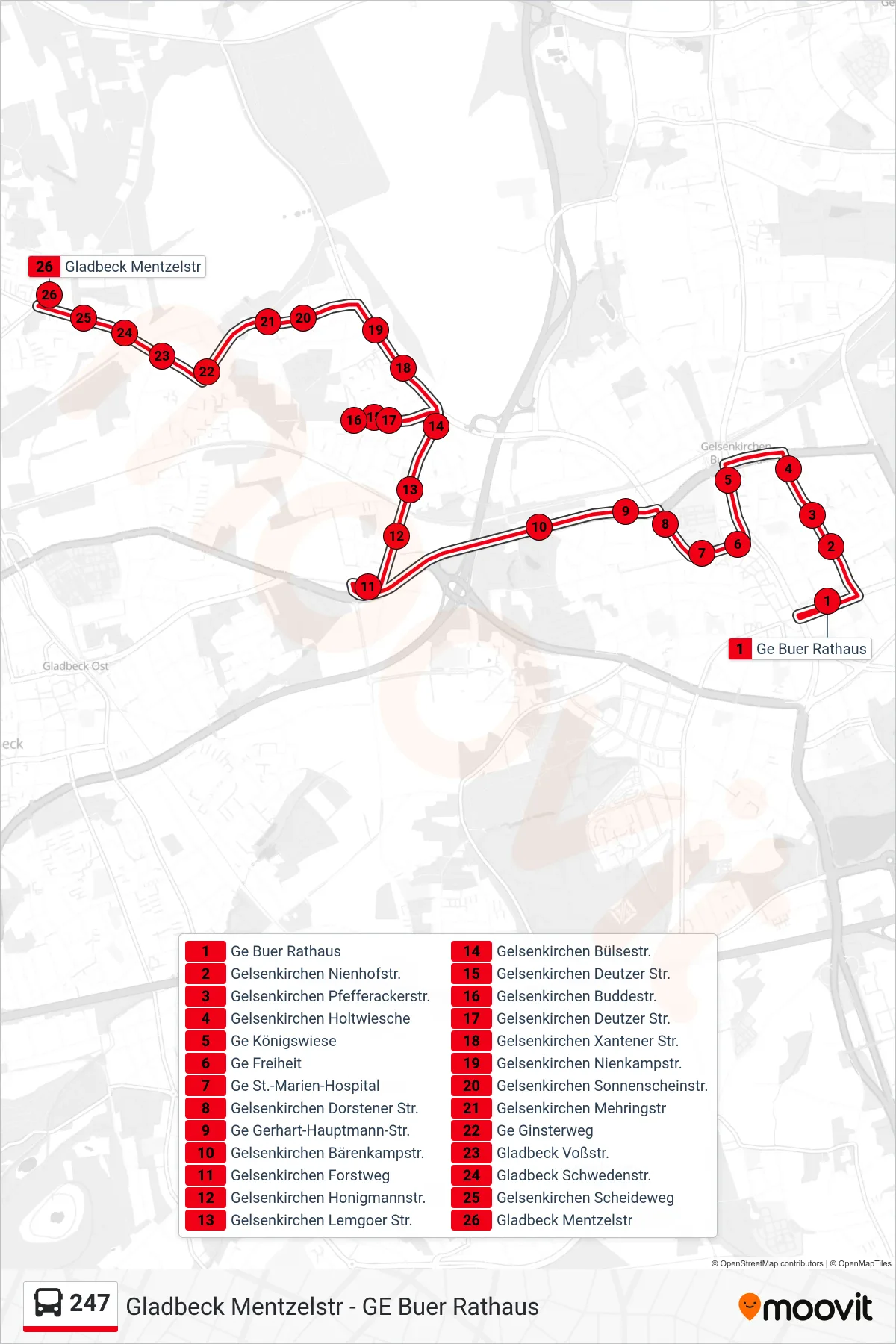 Linie 247 (Bus) Richtung Gladbeck Mentzelstr: Route und Haltestellen auf der Karte