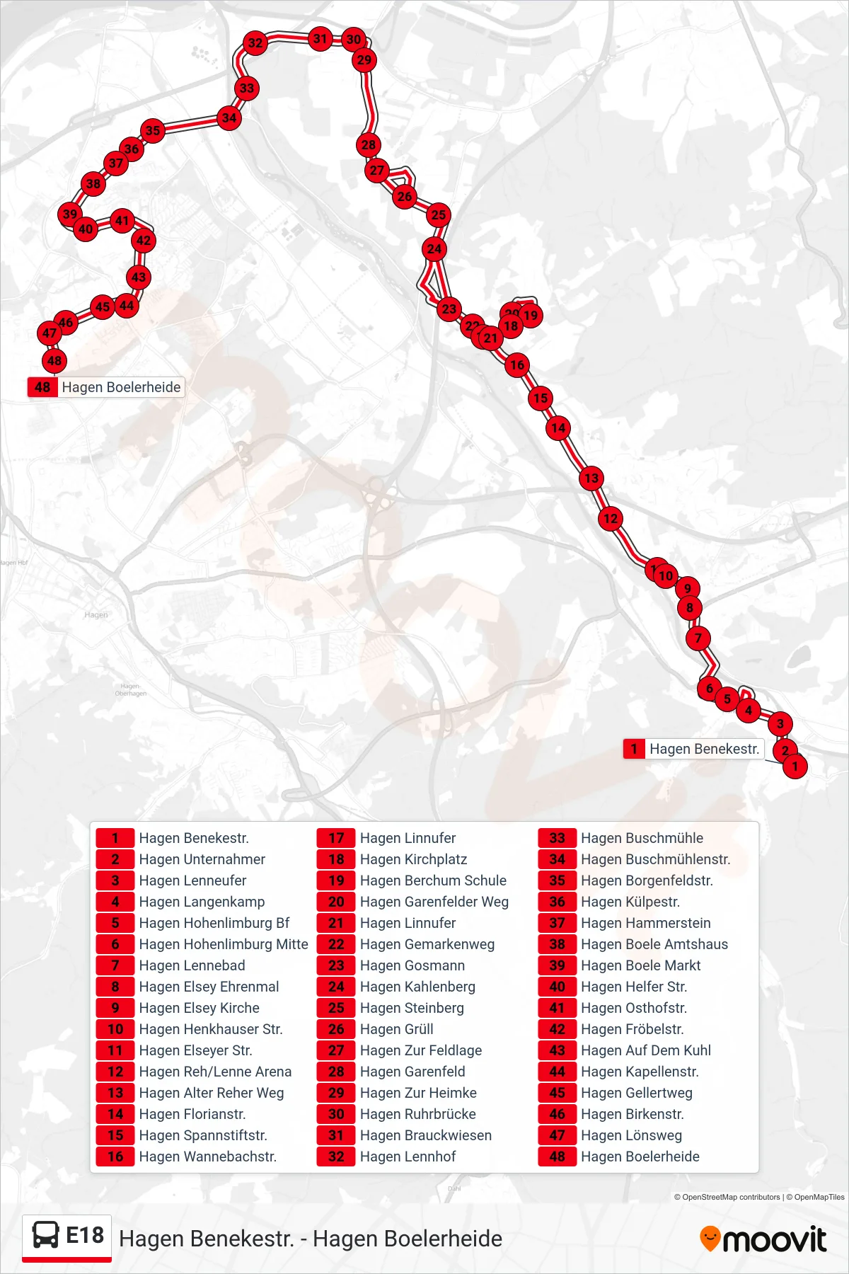 Linie E18 (Bus) Richtung Hagen Boelerheide: Route und Haltestellen auf der Karte