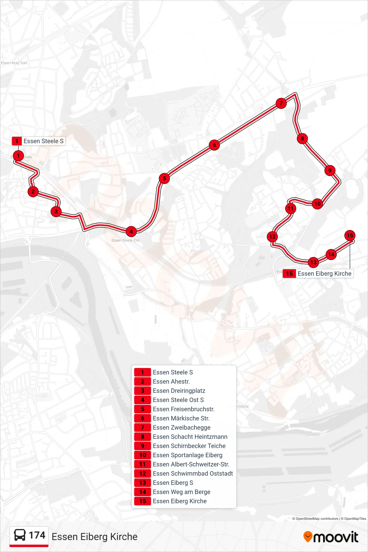 Linie 174 (Bus) Richtung Essen Eiberg Kirche: Route und Haltestellen auf der Karte