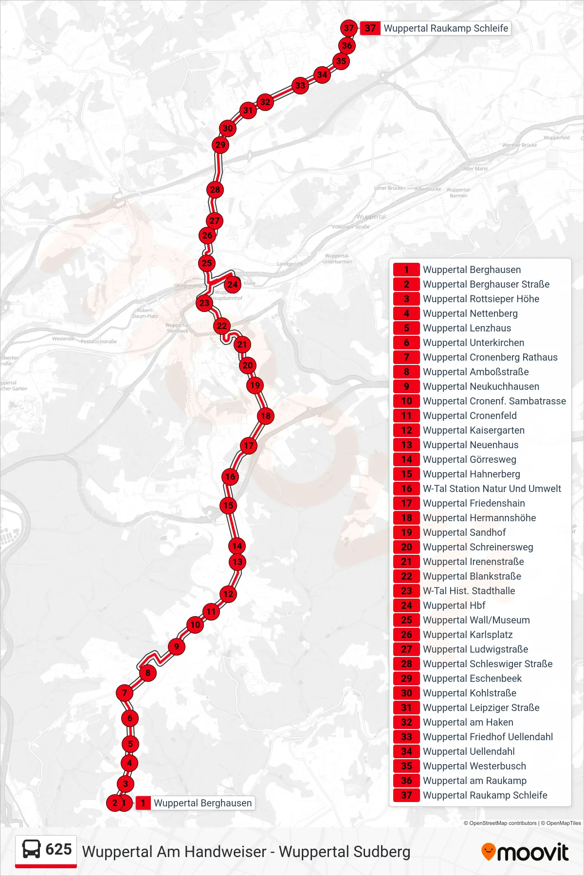 Linie 625 (Bus) Richtung Wuppertal Raukamp Schleife: Route und Haltestellen auf der Karte