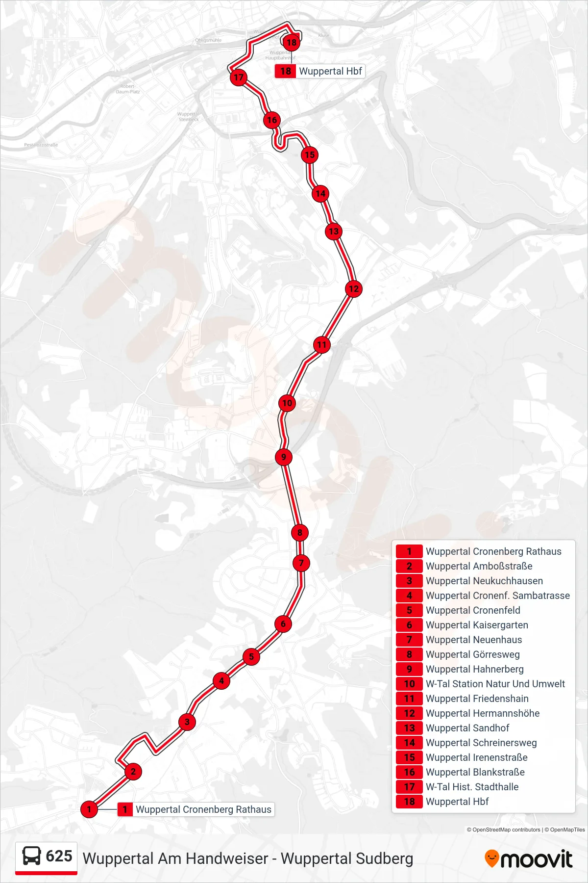 Linie 625 (Bus) Richtung Wuppertal Hbf: Route und Haltestellen auf der Karte