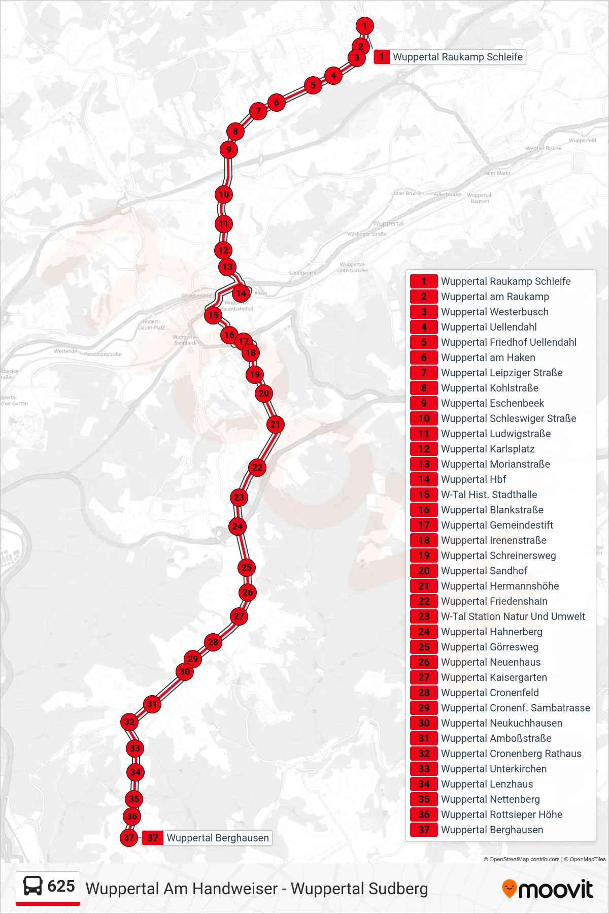 Linie 625 (Bus) Richtung Wuppertal Berghausen: Route und Haltestellen auf der Karte