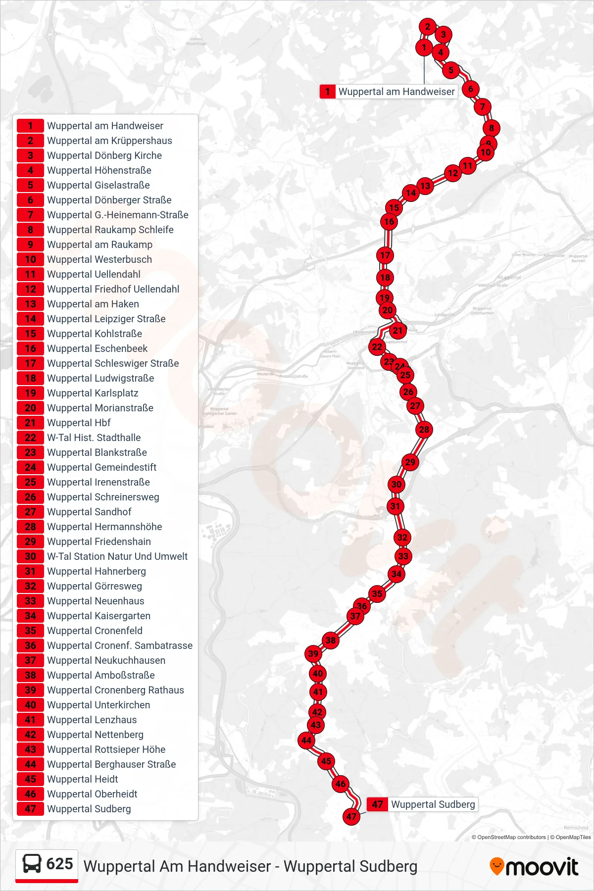 Linie 625 (Bus) Richtung Wuppertal Sudberg: Route und Haltestellen auf der Karte