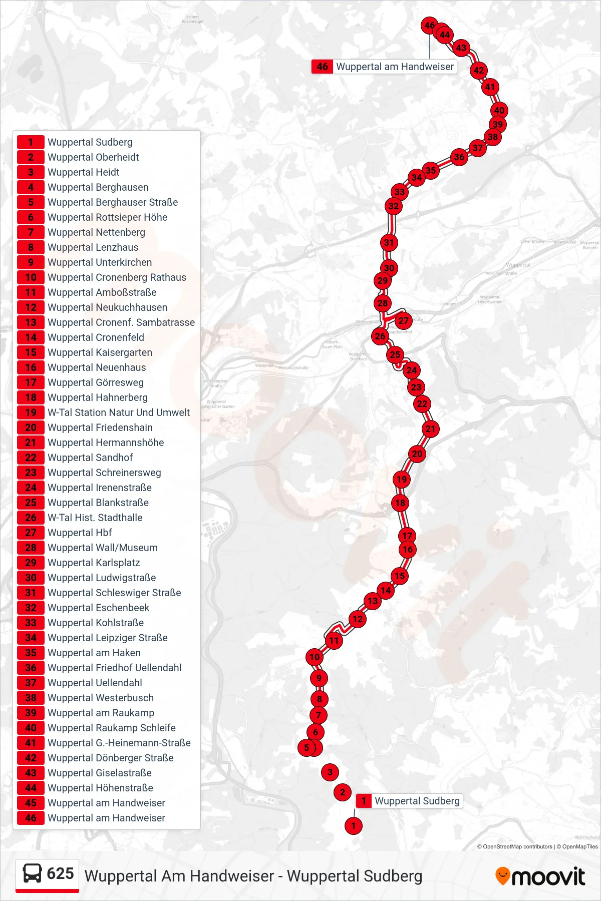 Linie 625 (Bus) Richtung Wuppertal am Handweiser: Route und Haltestellen auf der Karte
