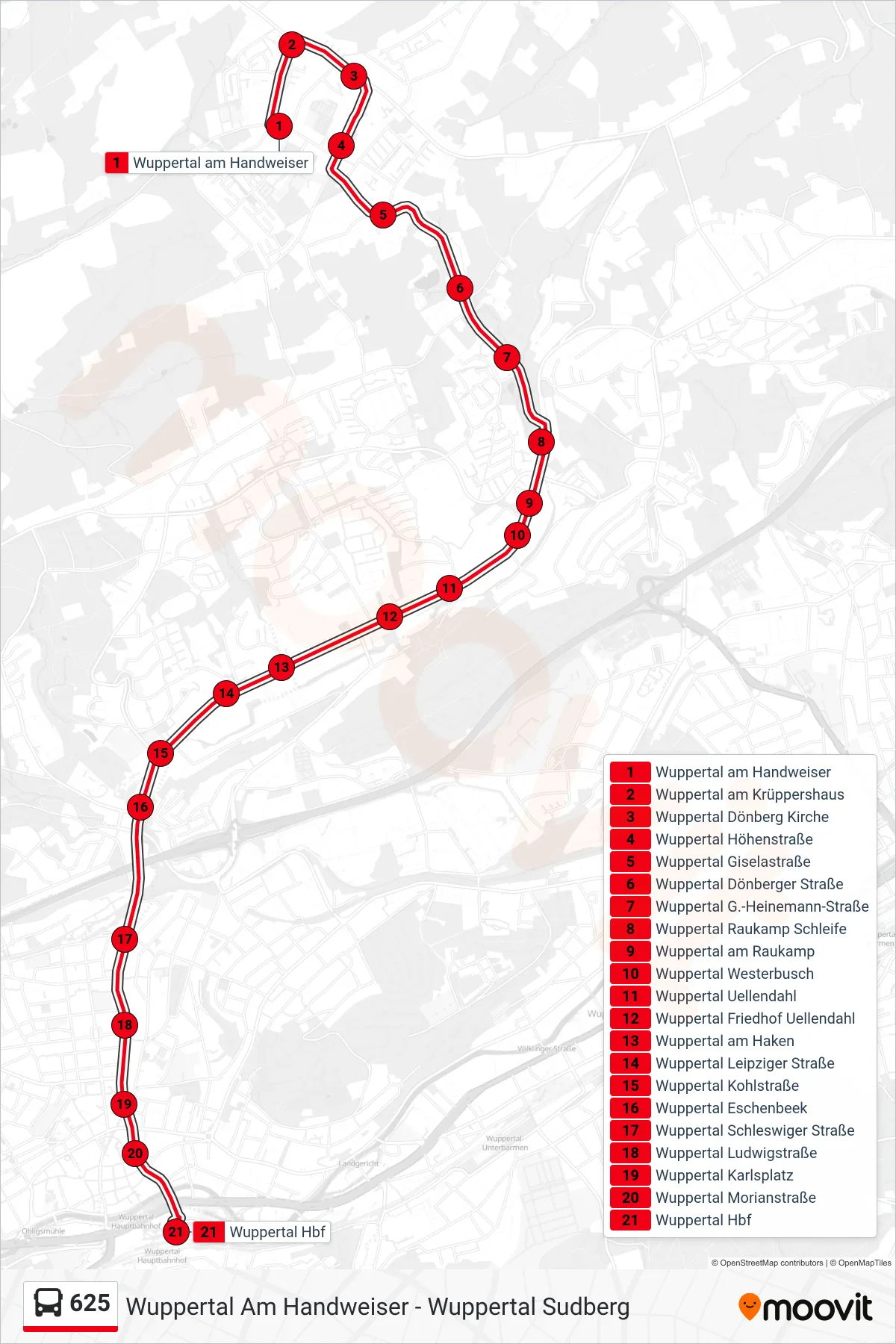 Linie 625 (Bus) Richtung Wuppertal Hbf: Route und Haltestellen auf der Karte