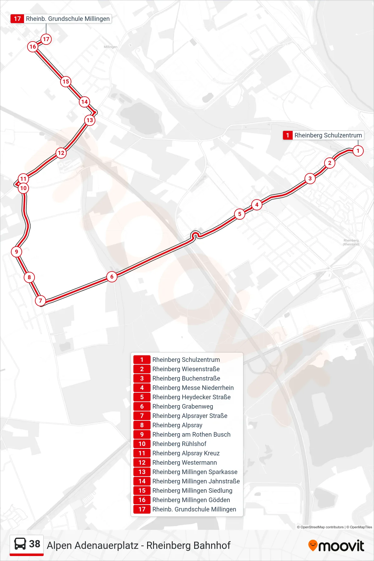 Linie 38 (Bus) Richtung Rheinb. Grundschule Millingen: Route und Haltestellen auf der Karte