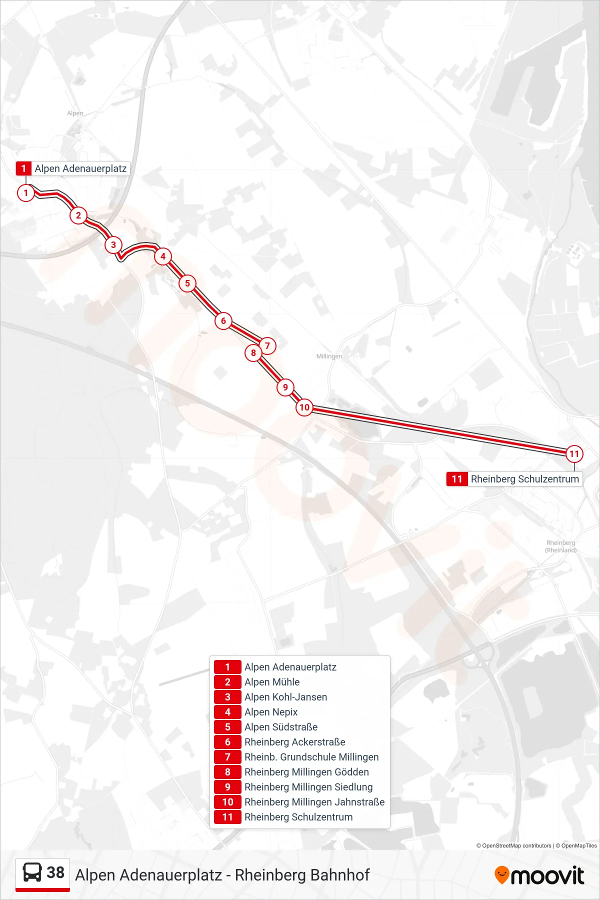Linie 38 (Bus) Richtung Rheinberg Schulzentrum: Route und Haltestellen auf der Karte