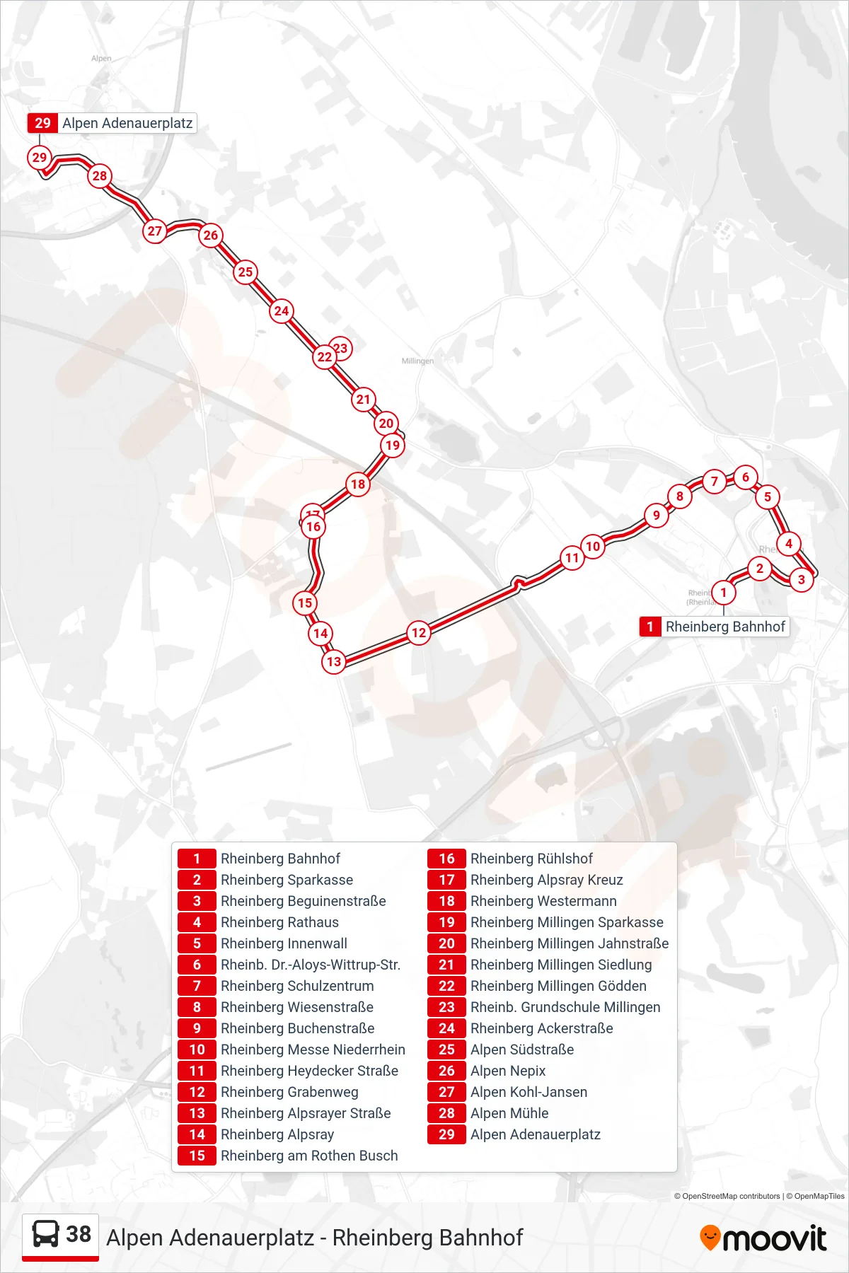 38 bus Line (Alpen Adenauerplatz) route and stops on a map