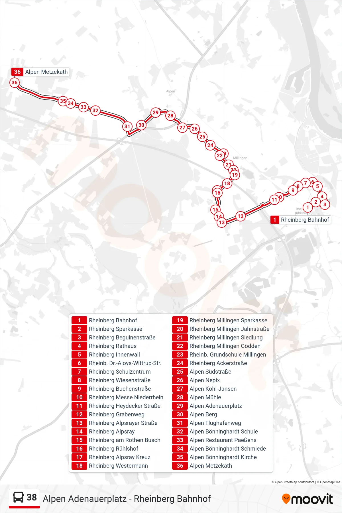 38 bus Line (Alpen Metzekath) route and stops on a map