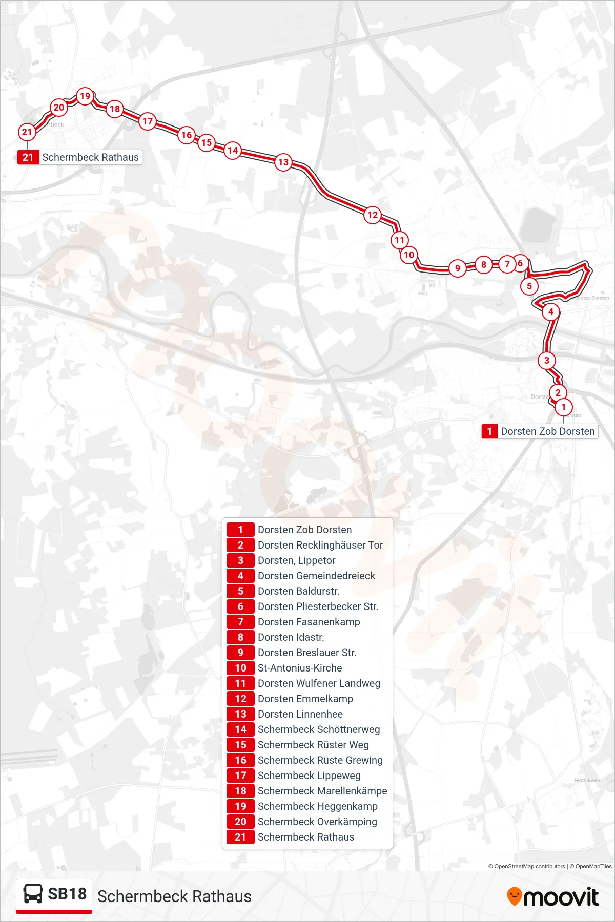 Linie SB18 (Bus) Richtung Schermbeck Rathaus: Route und Haltestellen auf der Karte