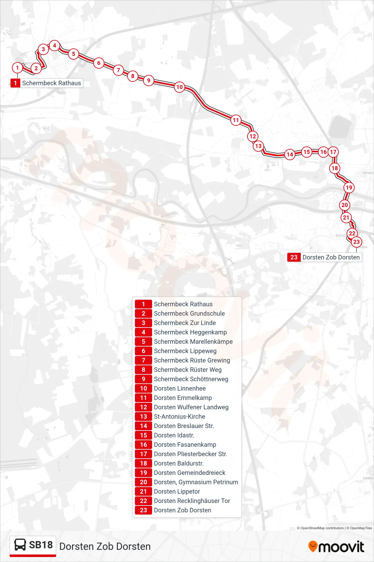 Linie SB18 (Bus) Richtung Dorsten Zob Dorsten: Route und Haltestellen auf der Karte
