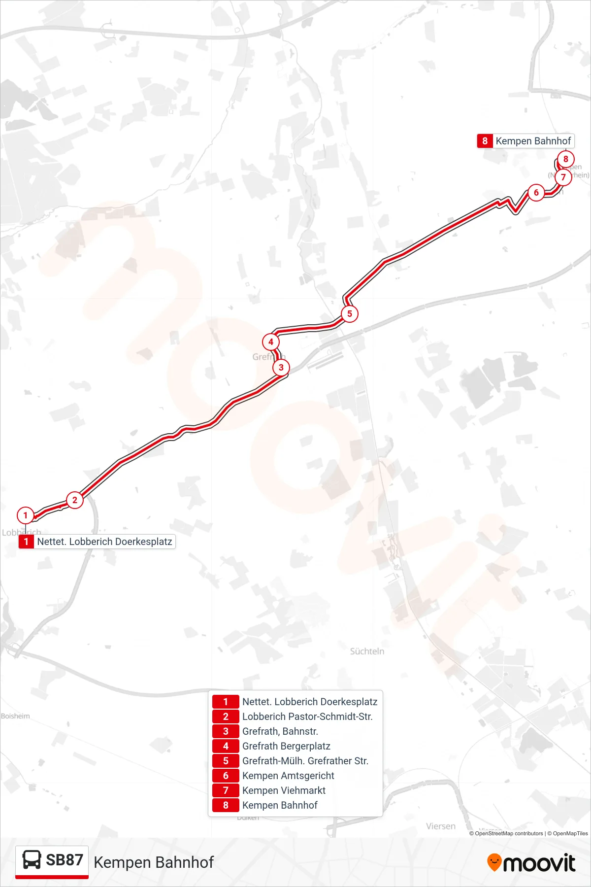 SB87 bus Line (Kempen Bahnhof) route and stops on a map