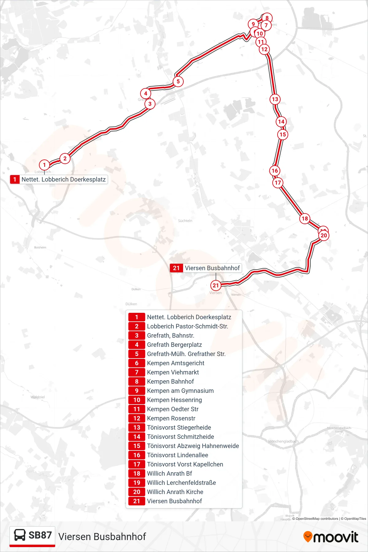 SB87 bus Line (Viersen Busbahnhof) route and stops on a map