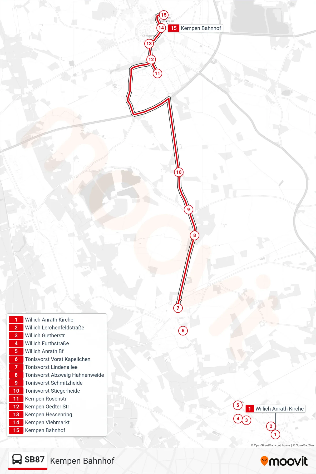 SB87 bus Line (Kempen Bahnhof) route and stops on a map
