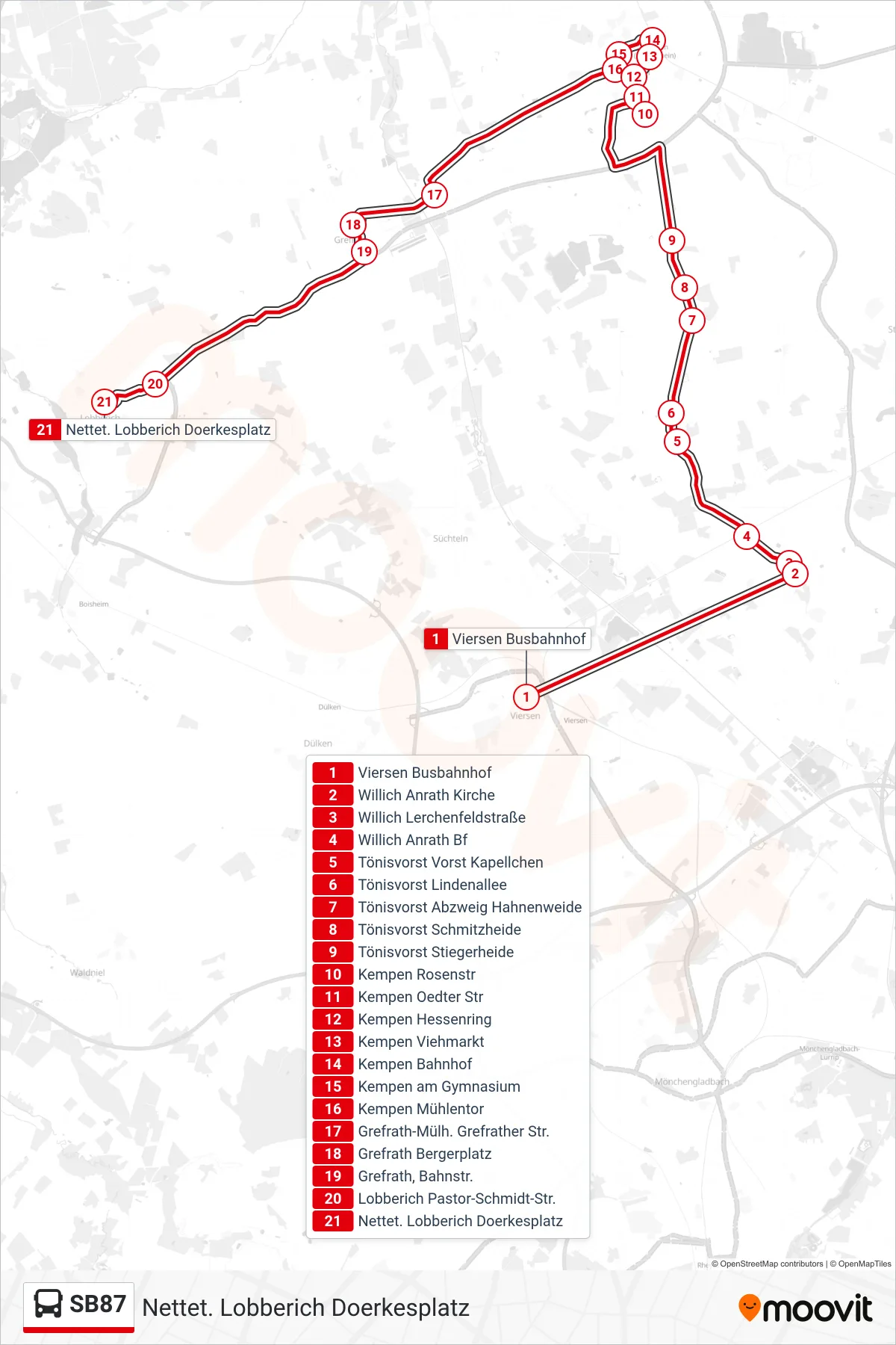Linie SB87 (Bus) Richtung Nettet. Lobberich Doerkesplatz: Route und Haltestellen auf der Karte