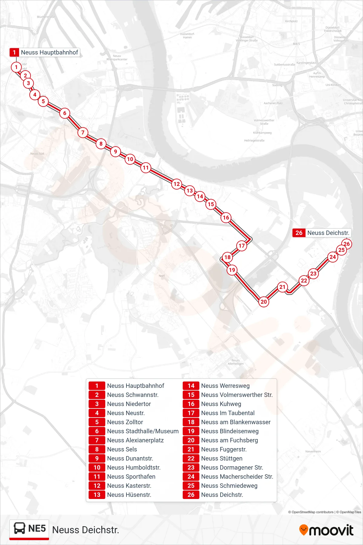 NE5 bus Line (Neuss Deichstr.) route and stops on a map
