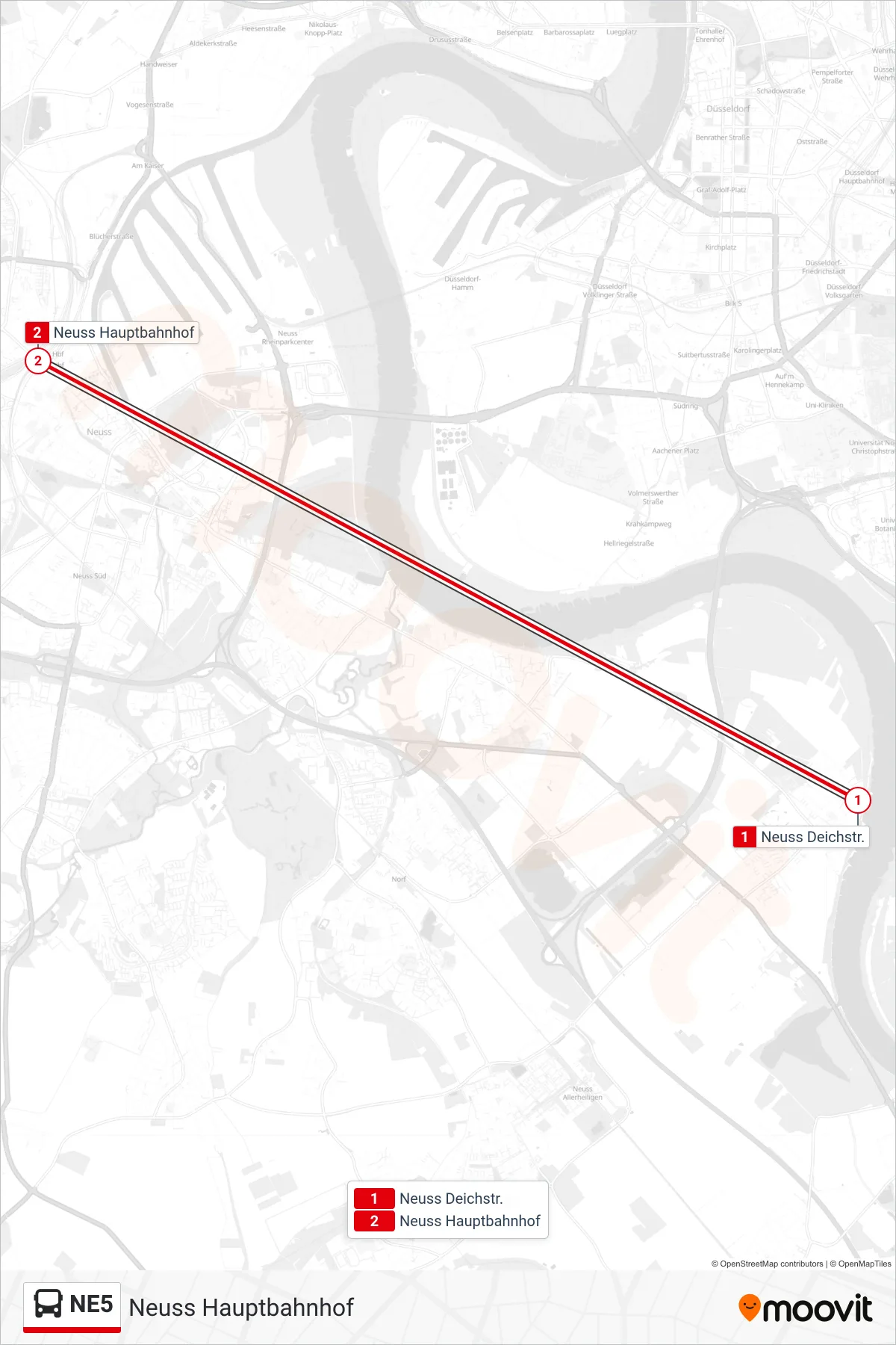 NE5 bus Line (Neuss Hauptbahnhof) route and stops on a map