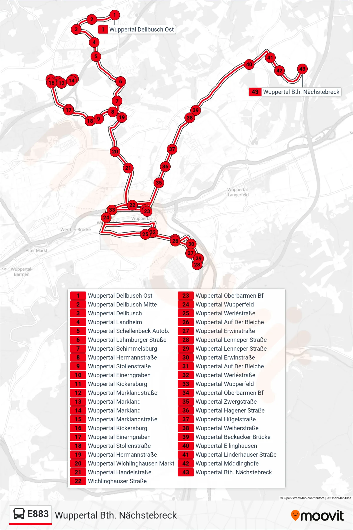 Linie E883 (Bus) Richtung Wuppertal Bth. Nächstebreck: Route und Haltestellen auf der Karte