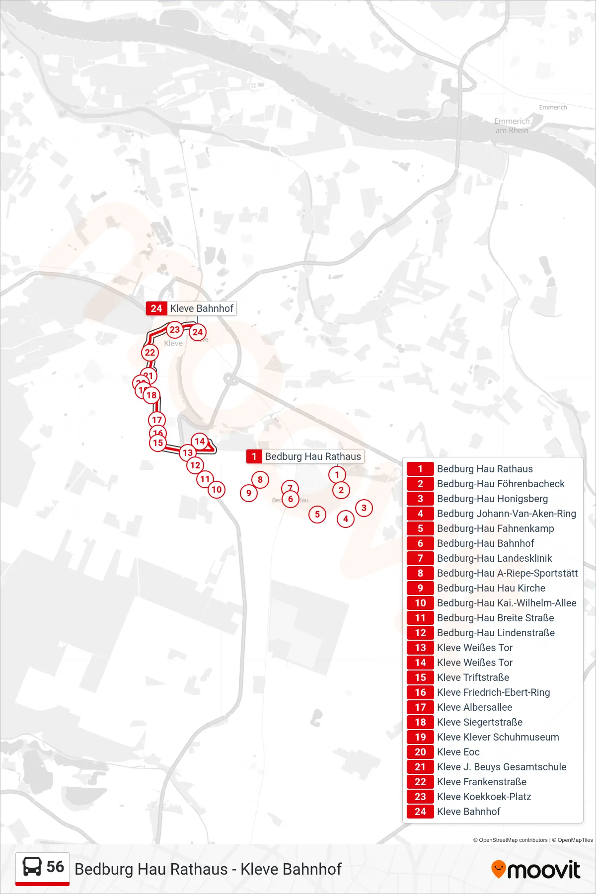 56 bus Line (Kleve Bahnhof) route and stops on a map