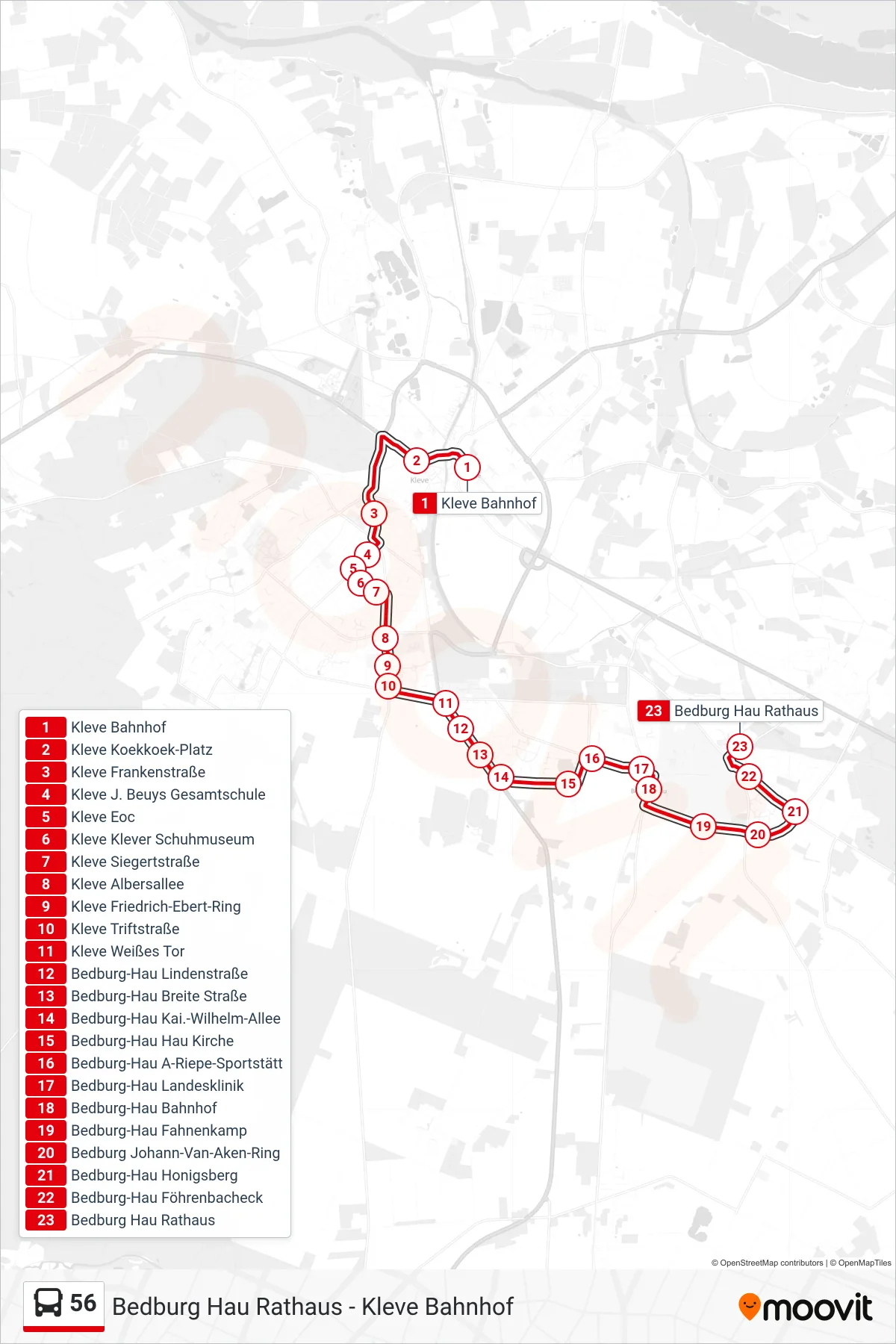 Linie 56 (Bus) Richtung Bedburg Hau Rathaus: Route und Haltestellen auf der Karte