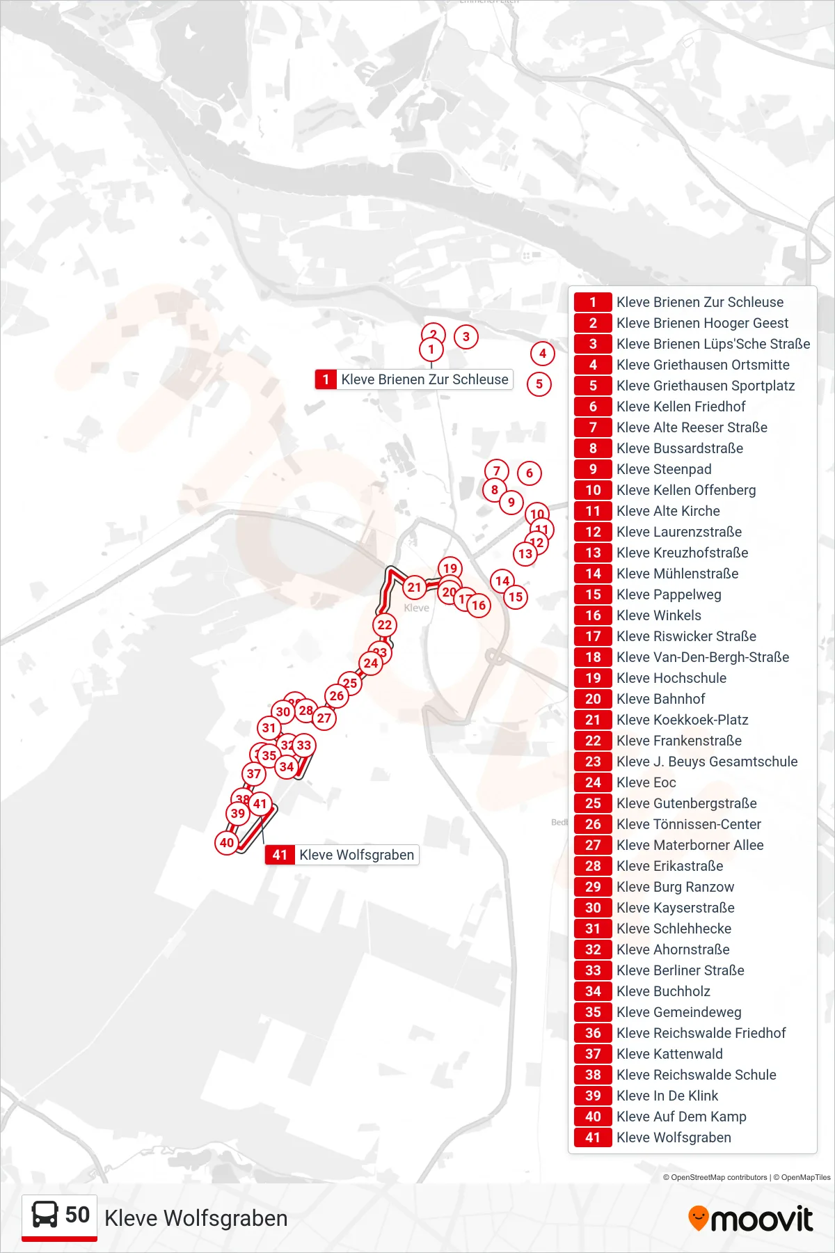 Linie 50 (Bus) Richtung Kleve Wolfsgraben: Route und Haltestellen auf der Karte