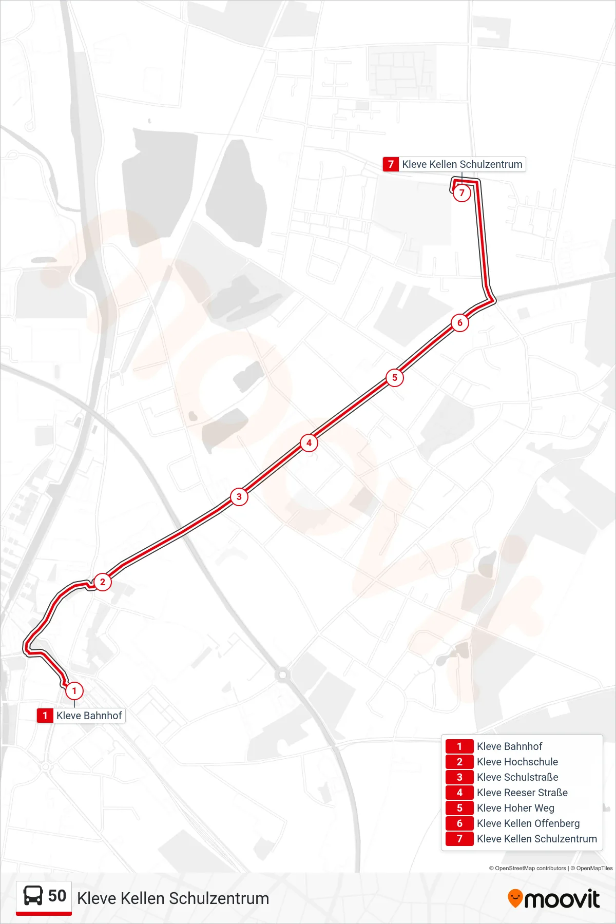 Linie 50 (Bus) Richtung Kleve Kellen Schulzentrum: Route und Haltestellen auf der Karte